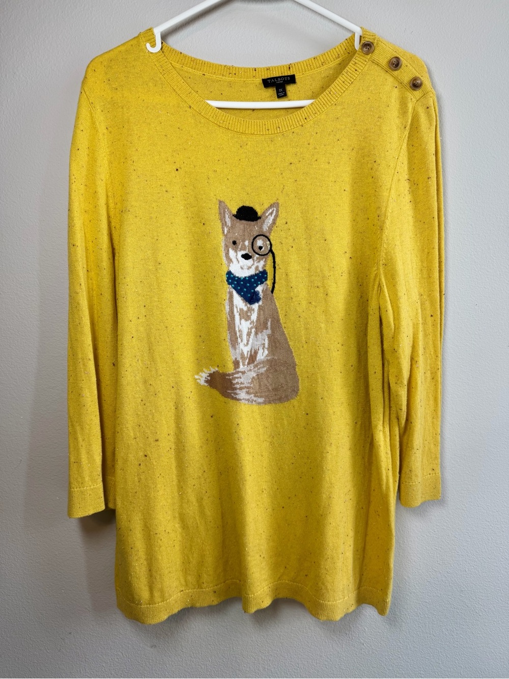 Talbots Yellow Fox Knit Top with Button Shoulder